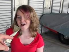 Teen cutie sucking a cock for money in the garage