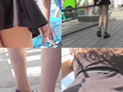Upskirt voyeur filmed under slut's mini skirt