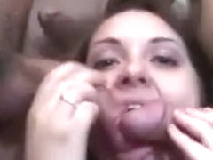 Sexy brunettes lick and suck tongues and fuck in group sex
