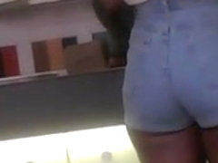 ebony with nice ass in booty shorts(hidden cam)