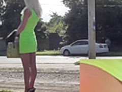 Superb blonde doll in bright dress in upskirts video