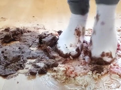 Crushing Chocolate Cake in Well Worn Ballet Flat Shoes and Socks