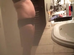 Big tits milf smoking and drinking in bathroom