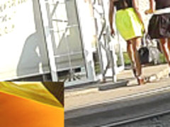 Sexy yellow skirt presents awesome upskirt view