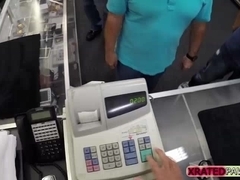 Busty Blonde lady gets big cash for sex inside of the pawn shop office by the clerk