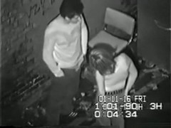 Security guy tapes a partyslut fucking a guy in an alley