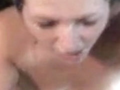 Wife jerks out cum to her face