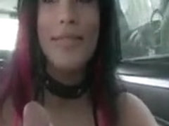Brunette bitch mouth fucks fat dick in the bus