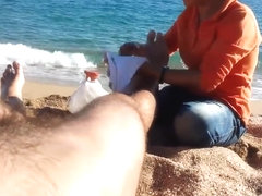 Older Asian bitch massages a guy's hairy legs admiring his big cock