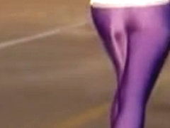 Bright lilac pants on the long legs of candid running babe 03zh