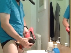 Cum with black dildo in the mouth