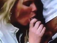 Sexy blonde milf giving her man head in the public park and swallowing his cum
