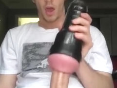 WOW Huge Cock Teen Strokes his Huge Cock With Fleshlight Till Cumshot!