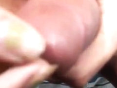 Busty brunette tranny wanks her huge cock