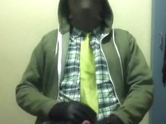 Jerk-off in hood, jacket, gloves, tie, tights and boots two