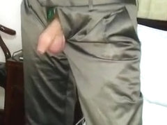 Playing with his large cock in Shiny Satin trousers panties