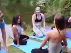 CFNM Four Yoga student girls jerking dick outdoor