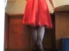 girlsy Ray in Red Silky Dress and Slip