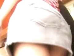 Public video up the short denim skirt of a juicy thong