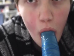 blushing trans guy sucks dildo then fucks himself