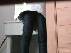 Hairy Asian pussy gets soaked by piss on voyeur toilet cam