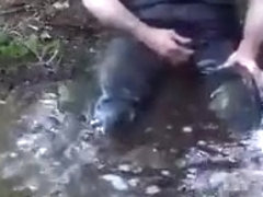 Pissing and bathing in slimy water clothed jeans and leather