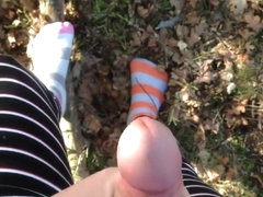 Dude wanking in the woods in his striped socks, nice cumshot