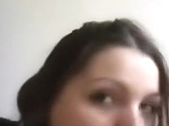 Light brown haired blowing for spunk on her tongue