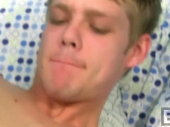 Pretty blonde gay boy jerks off and cums