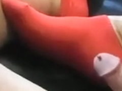 Jerking off (pierced cock), on Red socks