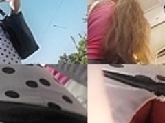Awesome upskirt pussy view of a brunette MILF