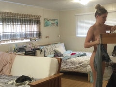 Gorgeous tattoed sister busted getting dressed in bedroom after shower