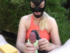 Outdoor Bondage Femdom Handjob Cumshot with Vibrator and Sponges - UNIQUE