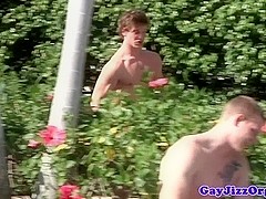 Cum covered jock outdoors gets anally fucked