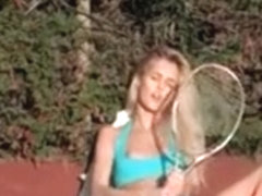 Sex goddess Sasha teasing quim with a tennis racket