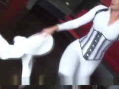 Mistress whipping white catsuit Boots