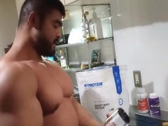 beefymuscle.com - Making protein shake for his massive pecs