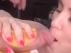 Blonde eats cock like a hamburger in the sex bus