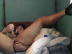 Jerking Off on Bed with Legs Up and Fingering.