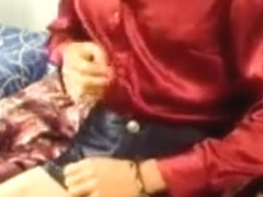 Cumming over red satin blouse in blue disco shorts