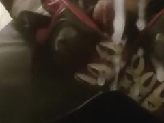 Leather sportsbiker cumming on helmet