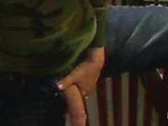 Jeans, army shirt and cock